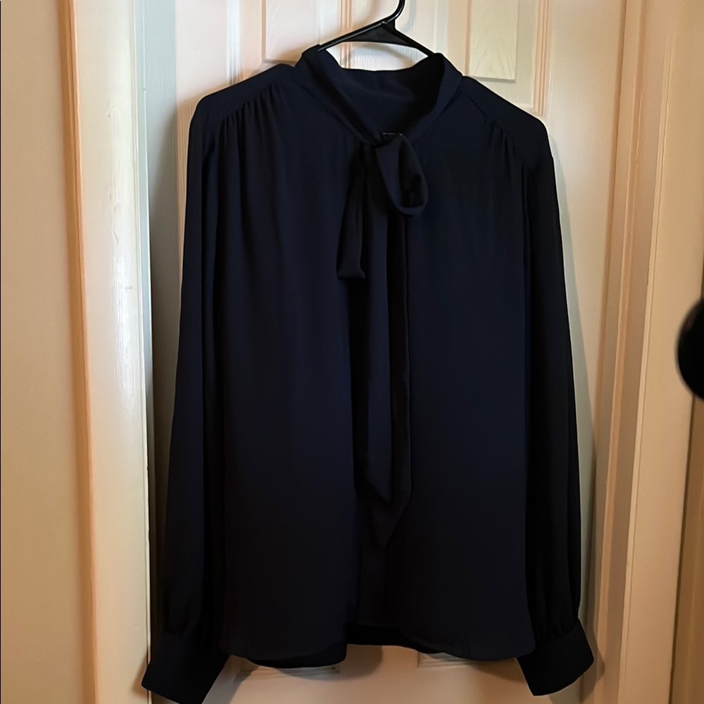 LOFT Blue Puff Sleeve Tie Neck Blouse